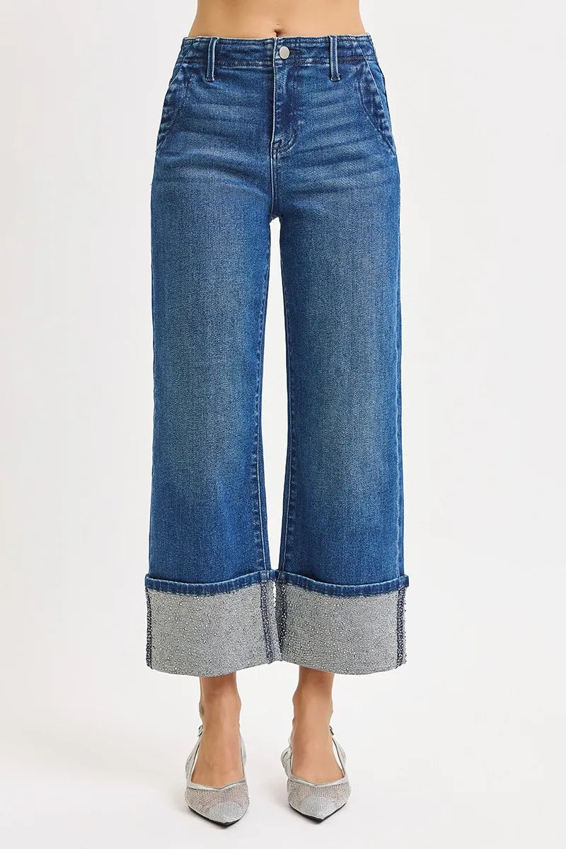 RISEN High Rise Ankle Wide Rhine Stone Cuffed Jeans