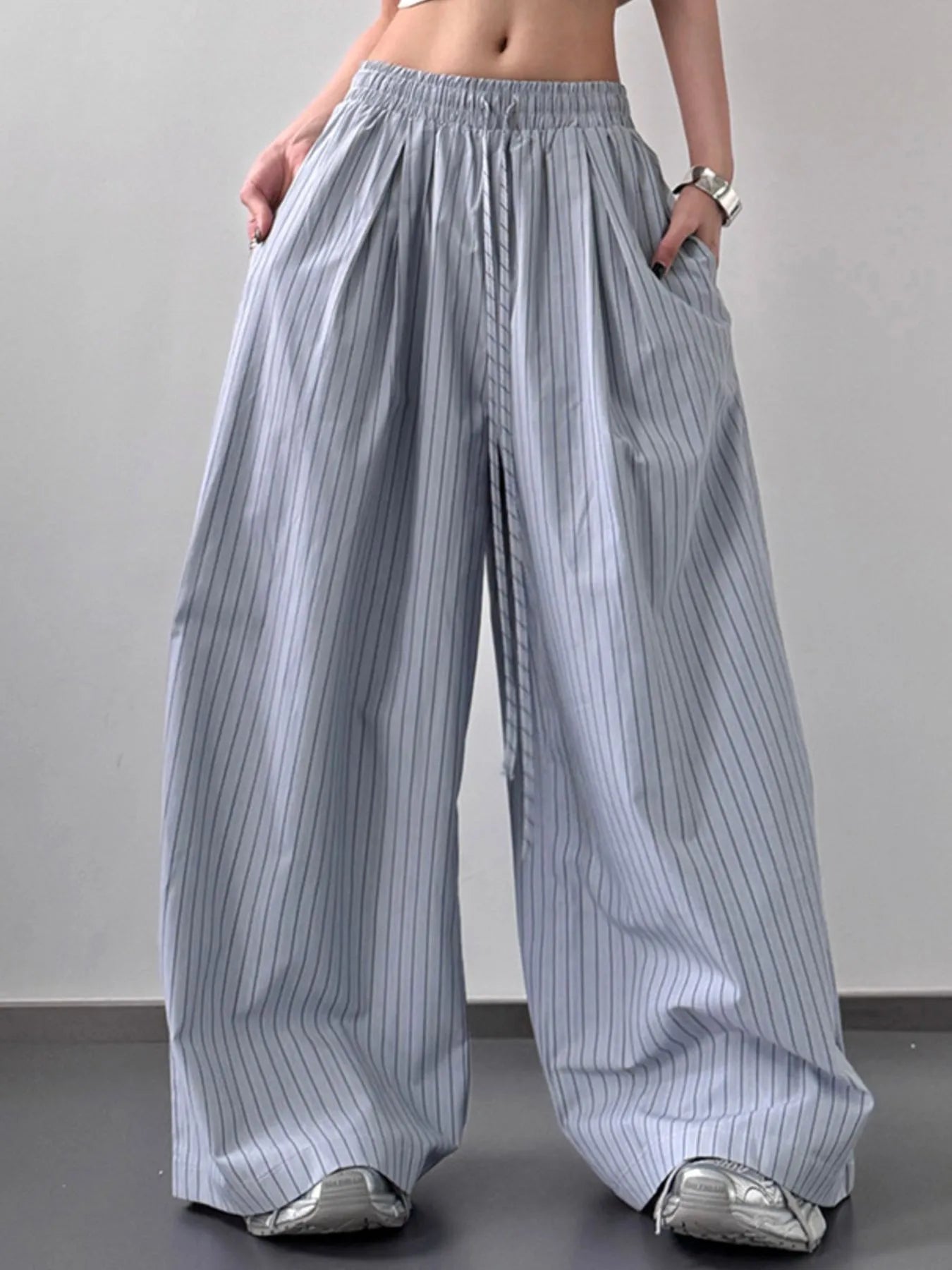 Striped Wide Leg Pants with Drawstring Waist