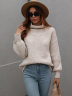 Woven Right High Neck Balloon Sleeve Rib-Knit Pullover Sweater