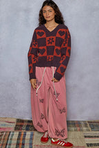POL V-Neck Heart Pattern Checkered Sweater Oversized