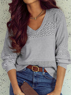 Eyelet Deatil V-Neck Long Sleeve Sweater