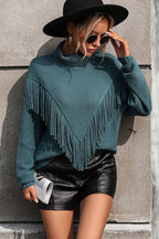 Turtle Neck Tassel Front Long Sleeve Pullover Sweater