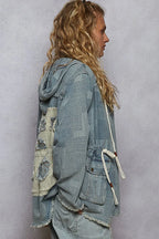 POL Raw Hem Drawstring Zip Up Hooded Denim Jacket