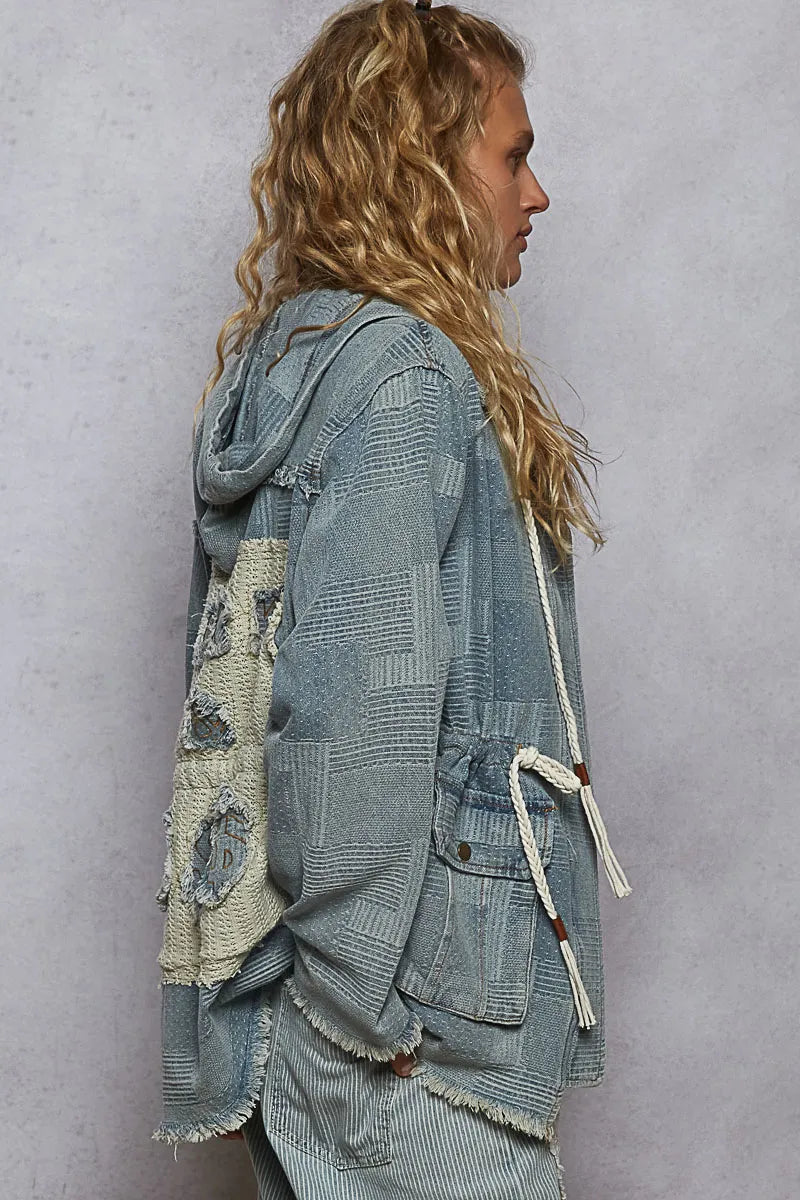 POL Raw Hem Drawstring Zip Up Hooded Denim Jacket