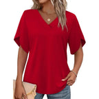 Womens Summer V-Neck Petal Sleeve Blouse Casual