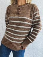 Striped Button Detail Long Sleeve Sweater