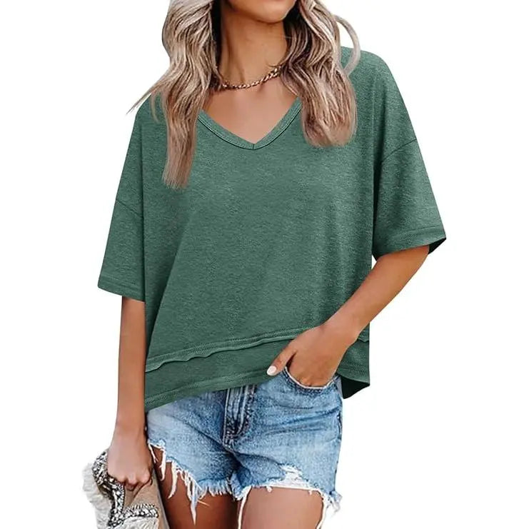Oversize V-Neck Short Sleeve Casual Flowy Top