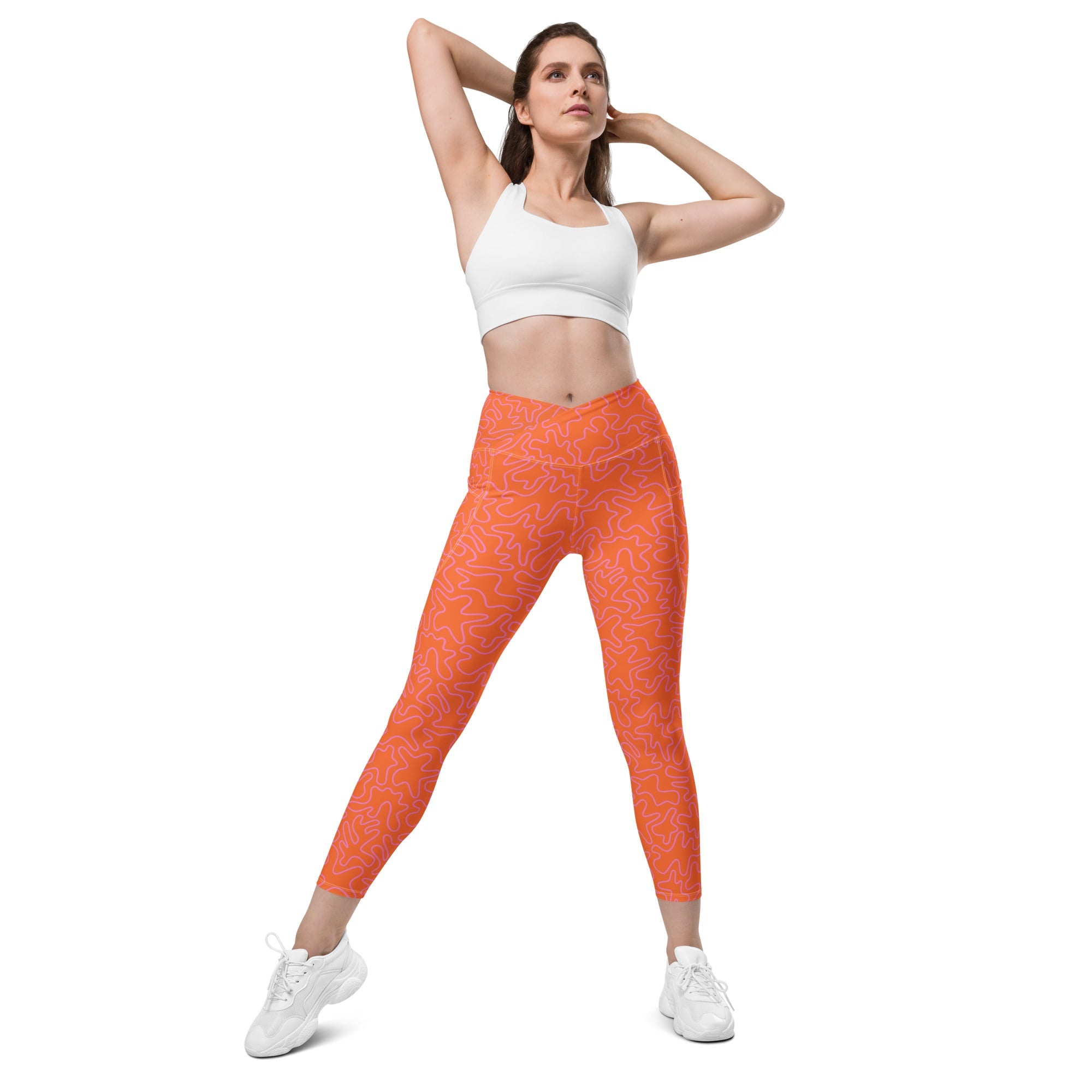 [GeoModa] Coral Crush Crossover Leggings with Pockets