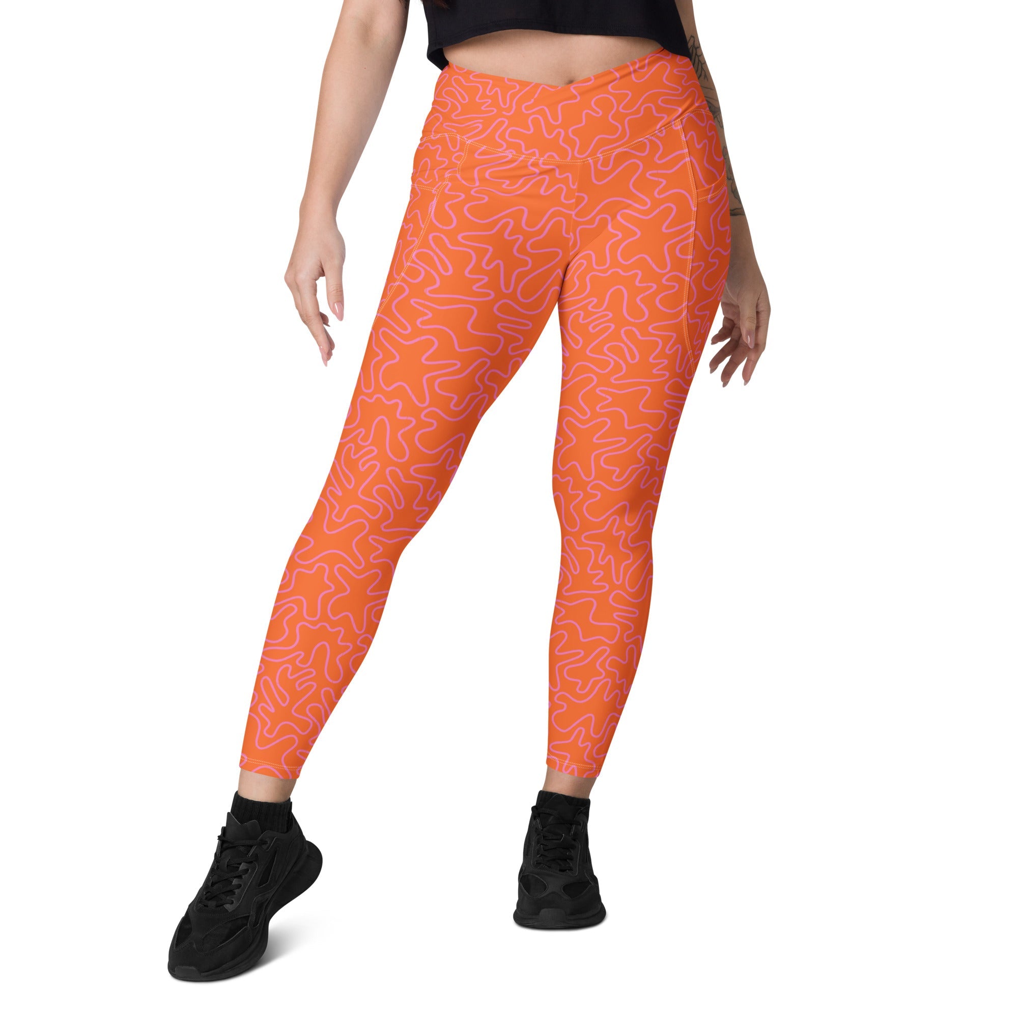 [GeoModa] Coral Crush Crossover Leggings with Pockets