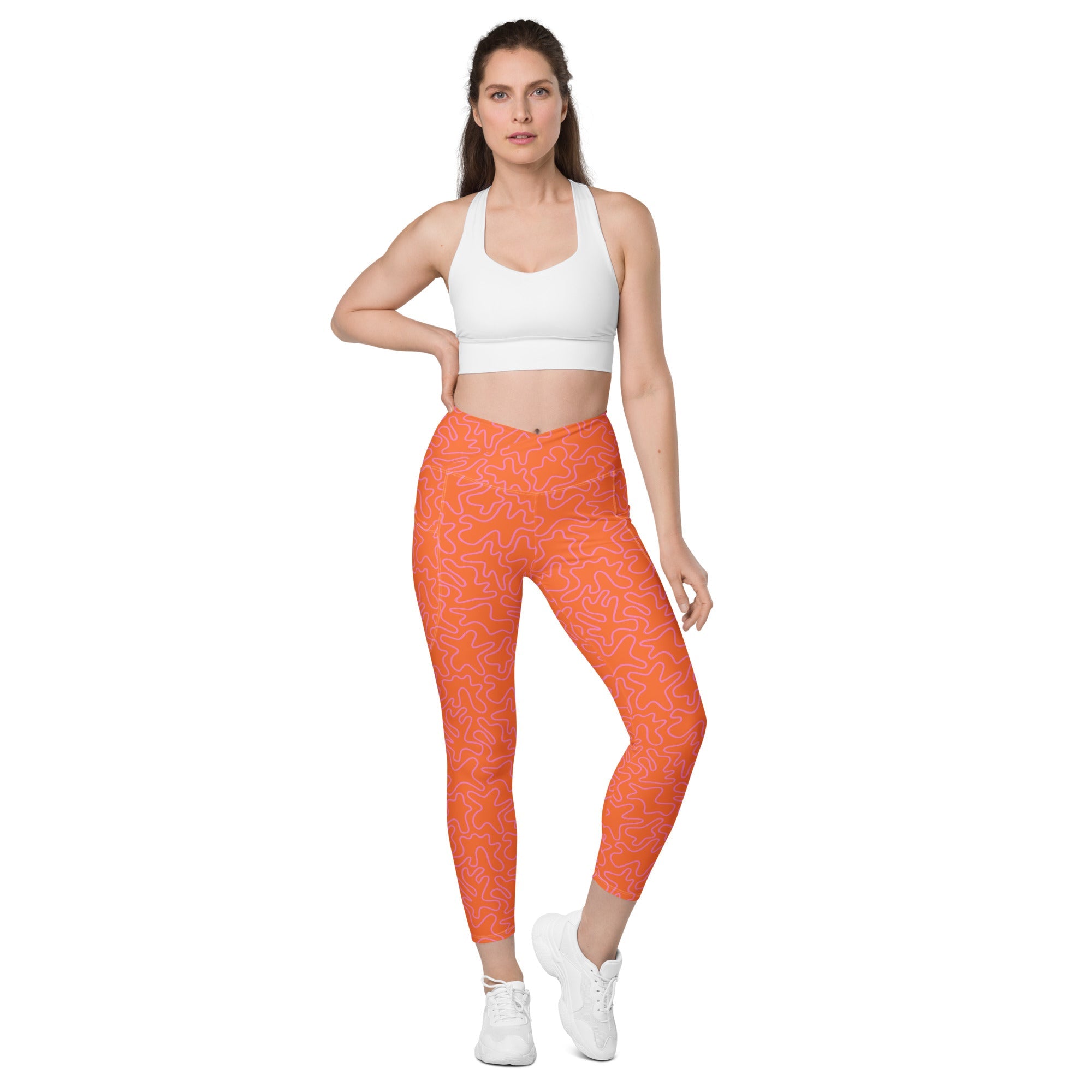 [GeoModa] Coral Crush Crossover Leggings with Pockets