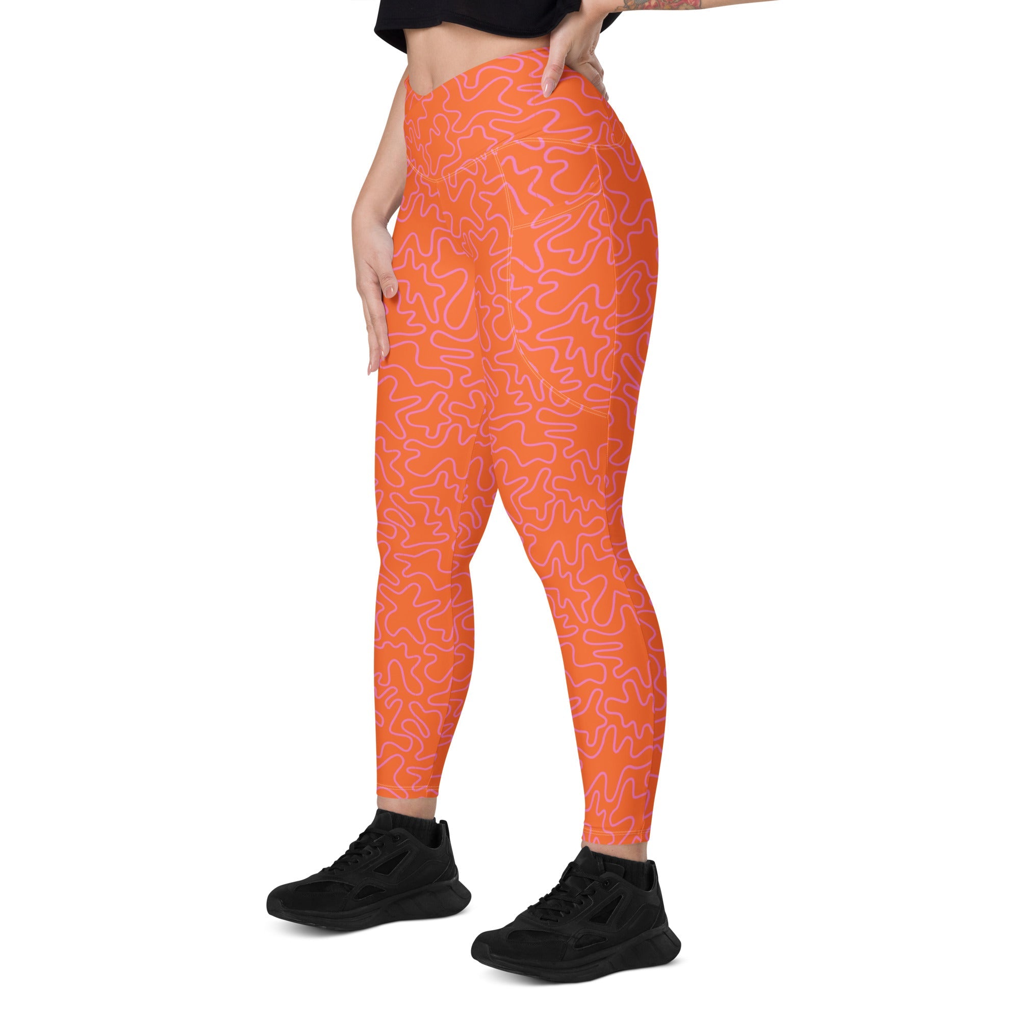 [GeoModa] Coral Crush Crossover Leggings with Pockets