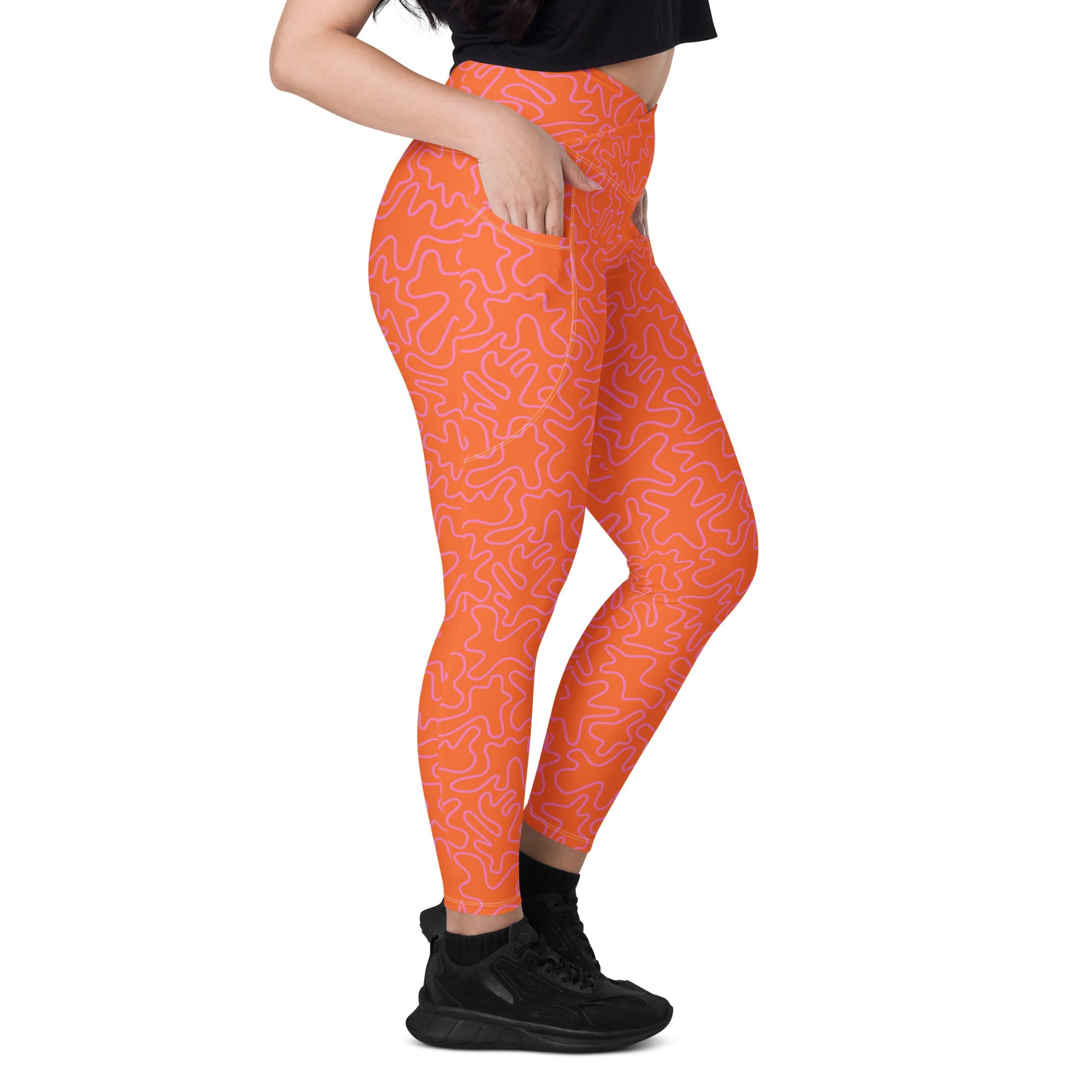 [GeoModa] Coral Crush Crossover Leggings with Pockets