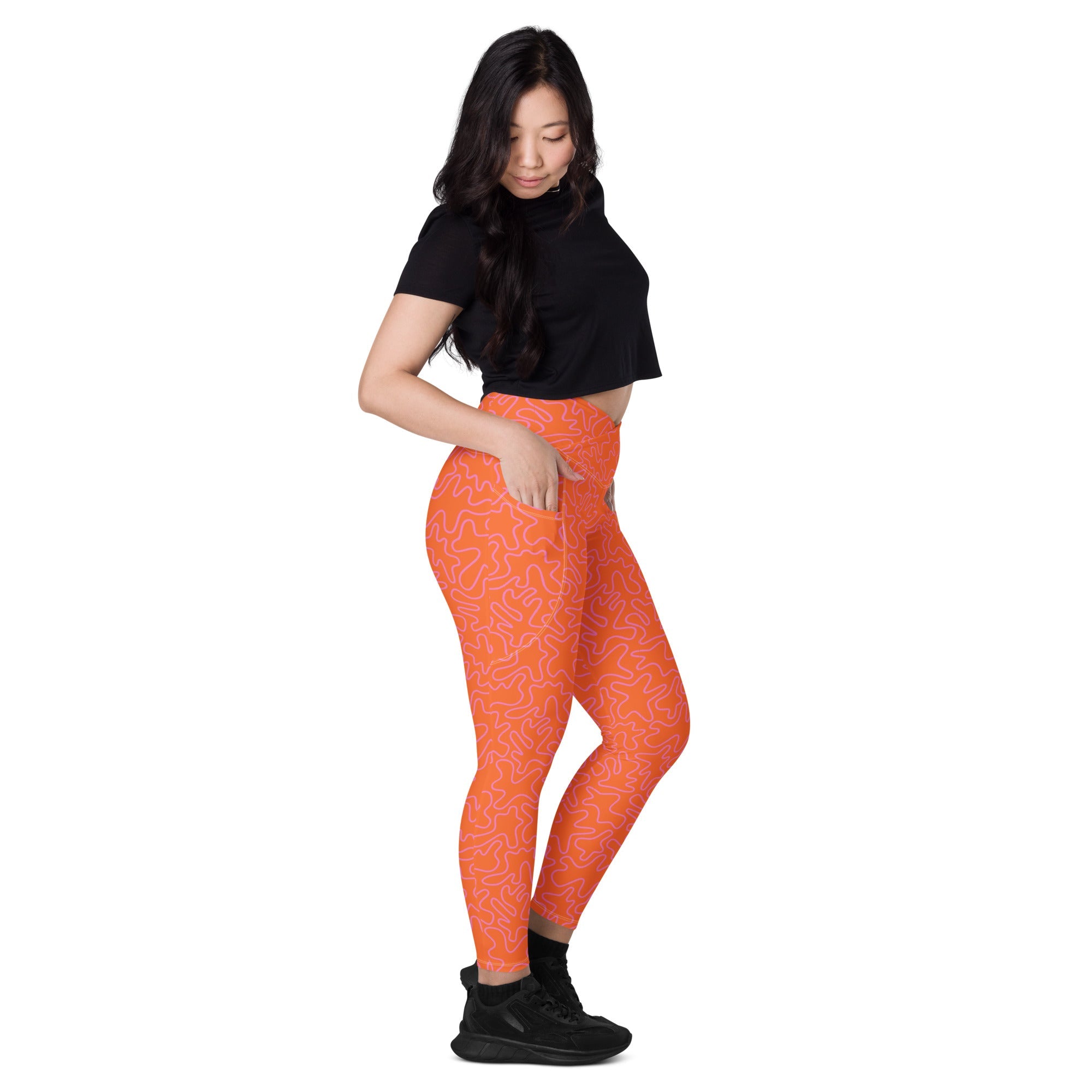 [GeoModa] Coral Crush Crossover Leggings with Pockets