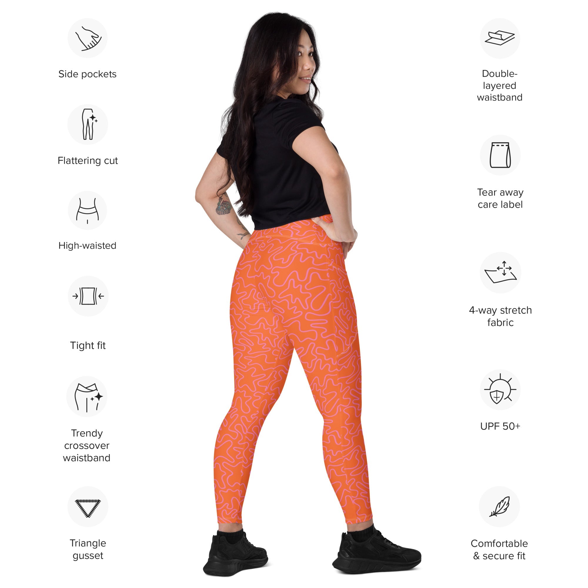 [GeoModa] Coral Crush Crossover Leggings with Pockets