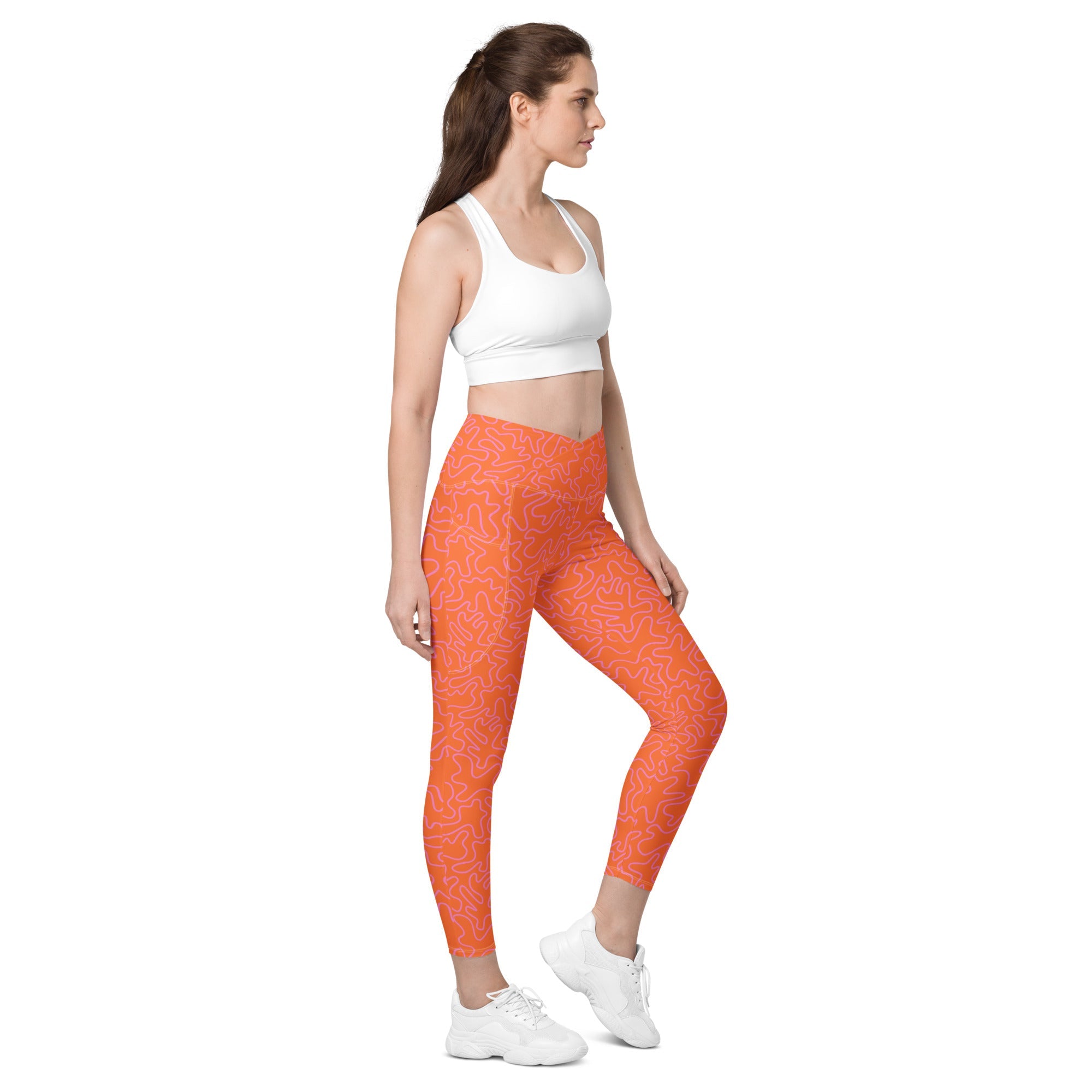 [GeoModa] Coral Crush Crossover Leggings with Pockets