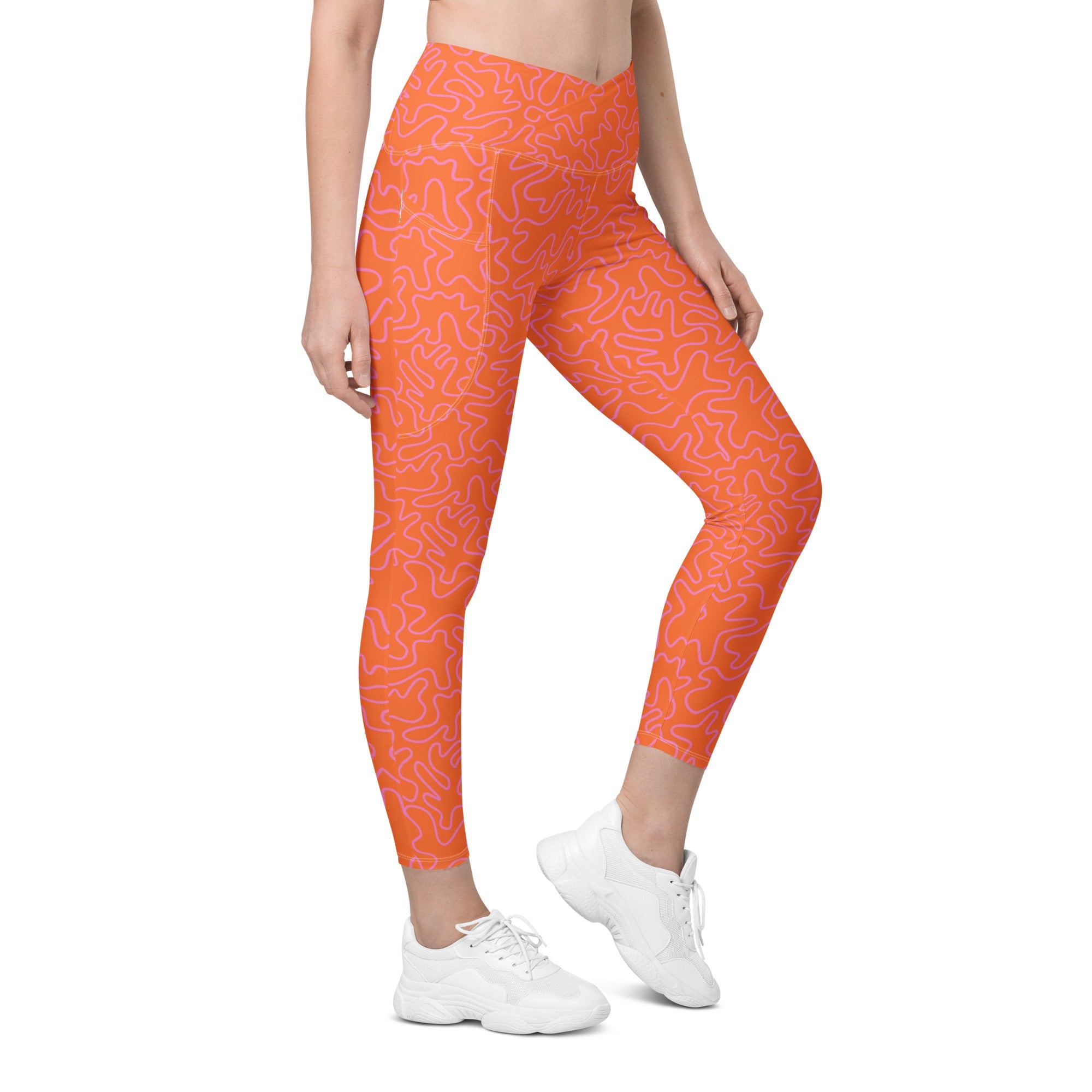 [GeoModa] Coral Crush Crossover Leggings with Pockets