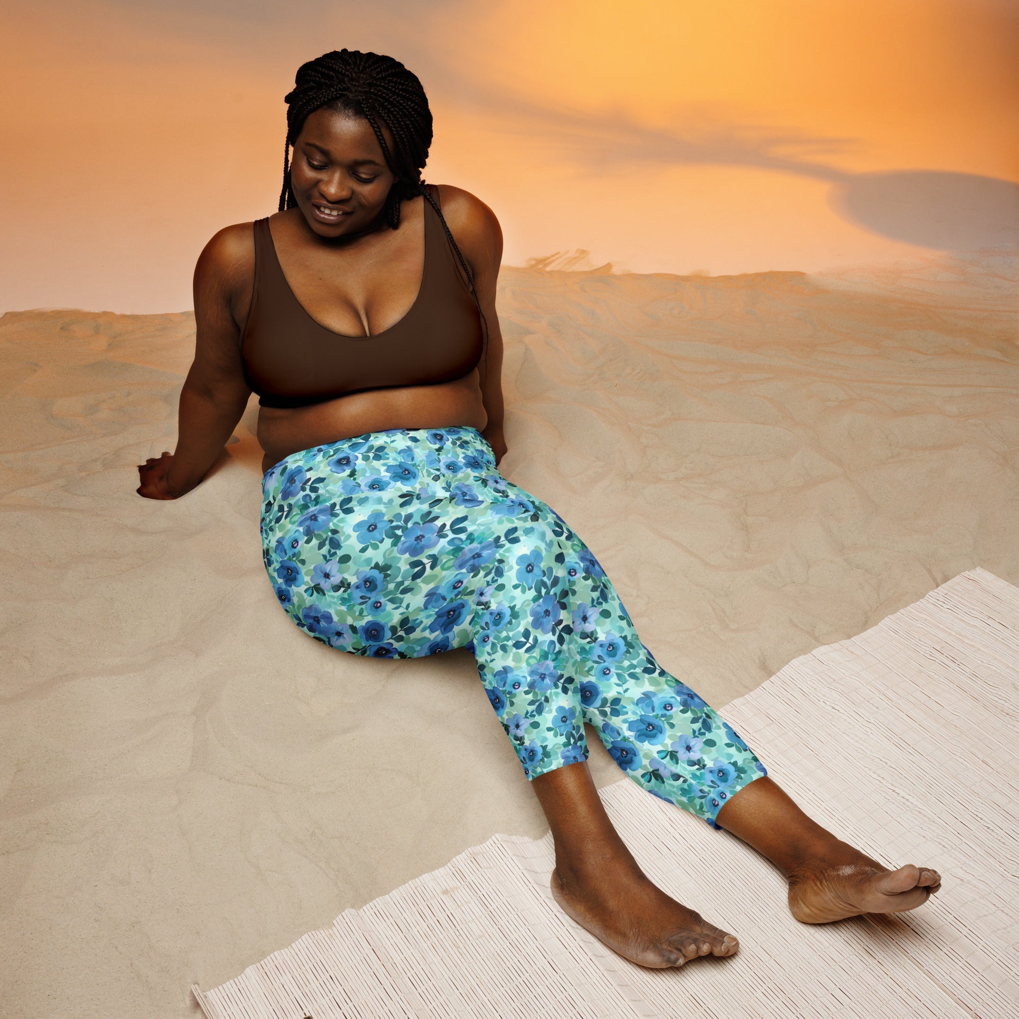 [Floral Bloom] Azure Meadow Yoga Capri Leggings