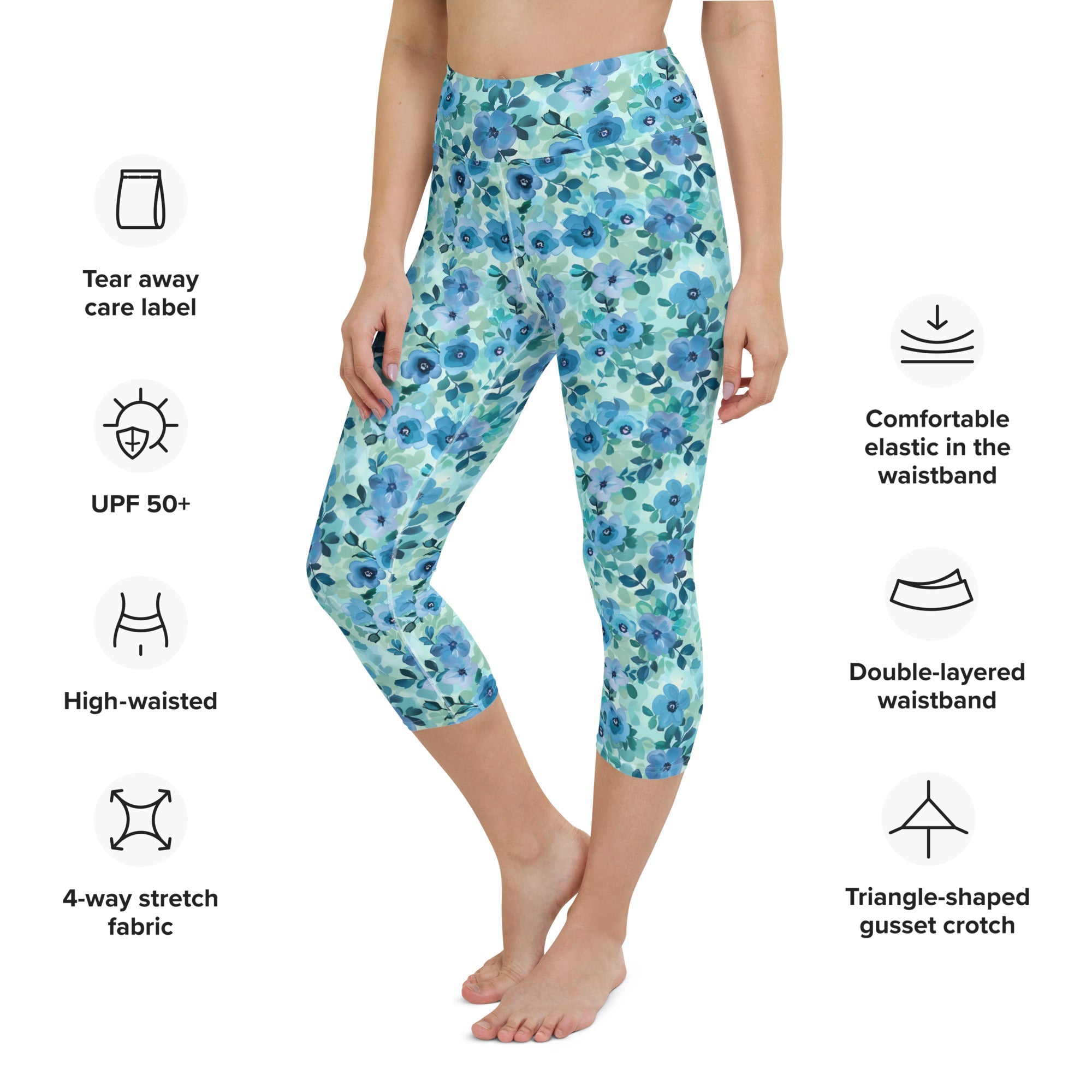 [Floral Bloom] Azure Meadow Yoga Capri Leggings