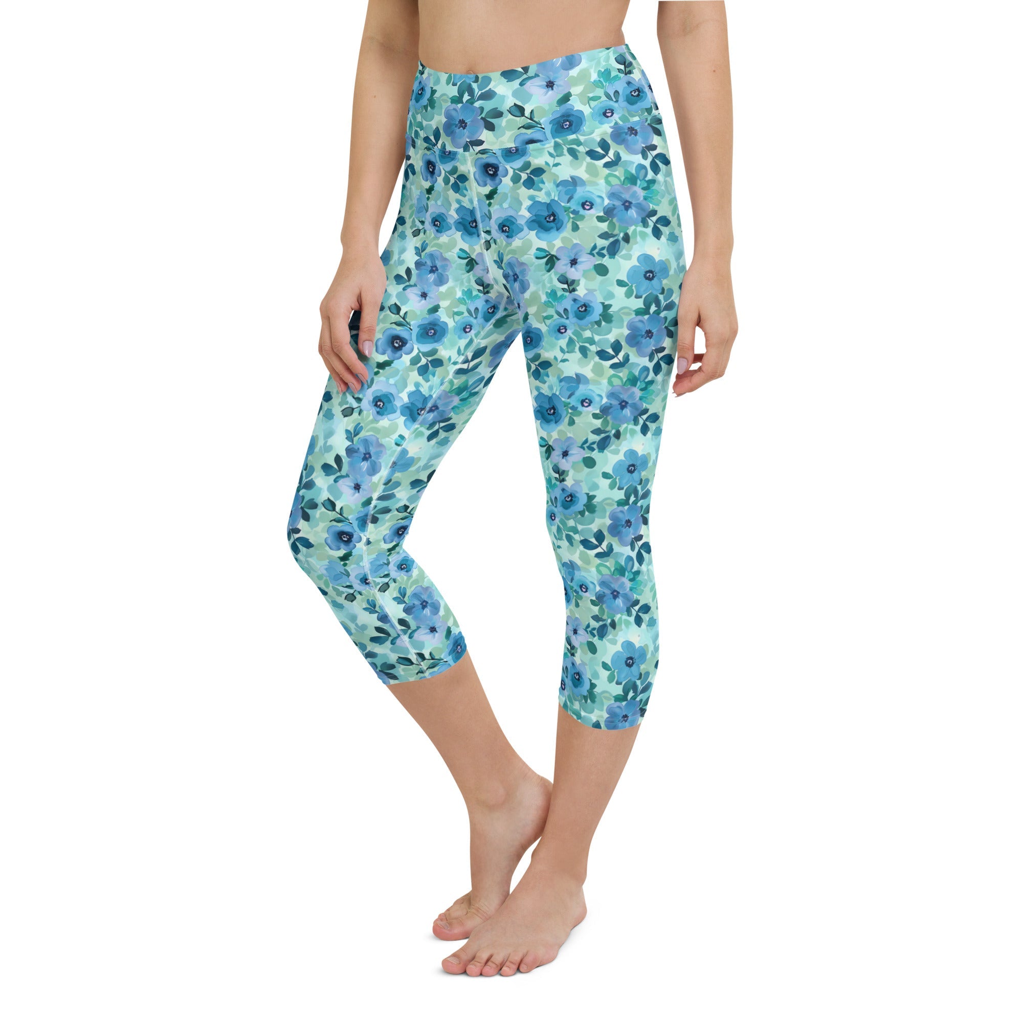 [Floral Bloom] Azure Meadow Yoga Capri Leggings