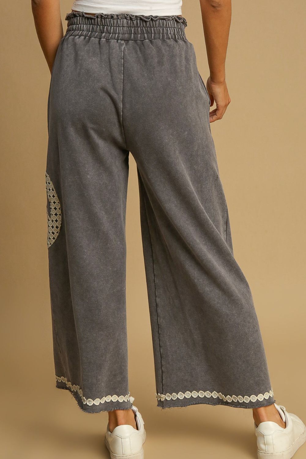 Umgee Full Size Peace Lace Applique Mineral Wash Wide Leg Pants Plus Size