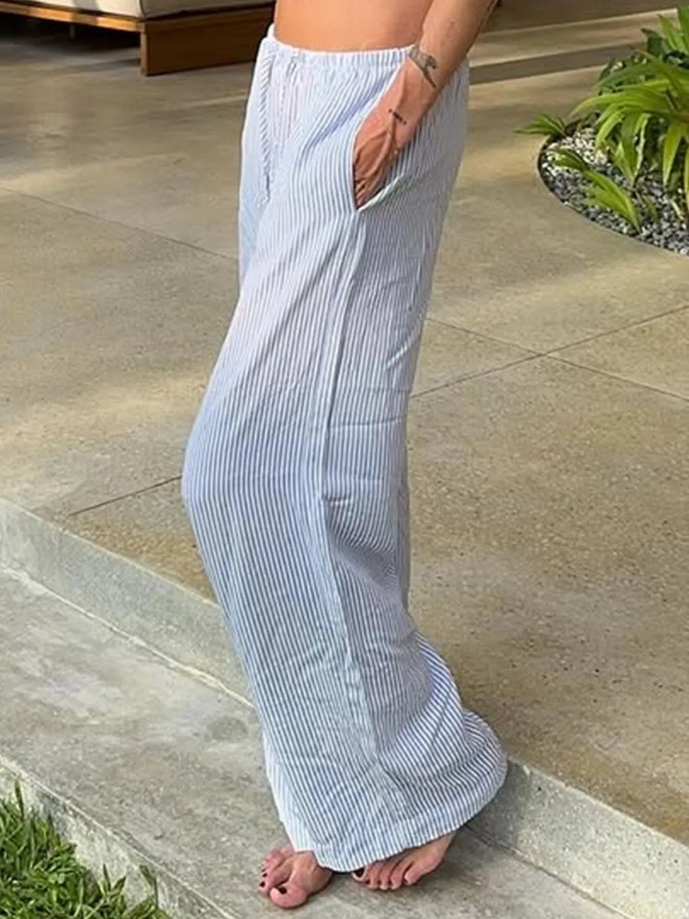 Striped Drawstring Wide Leg Pants