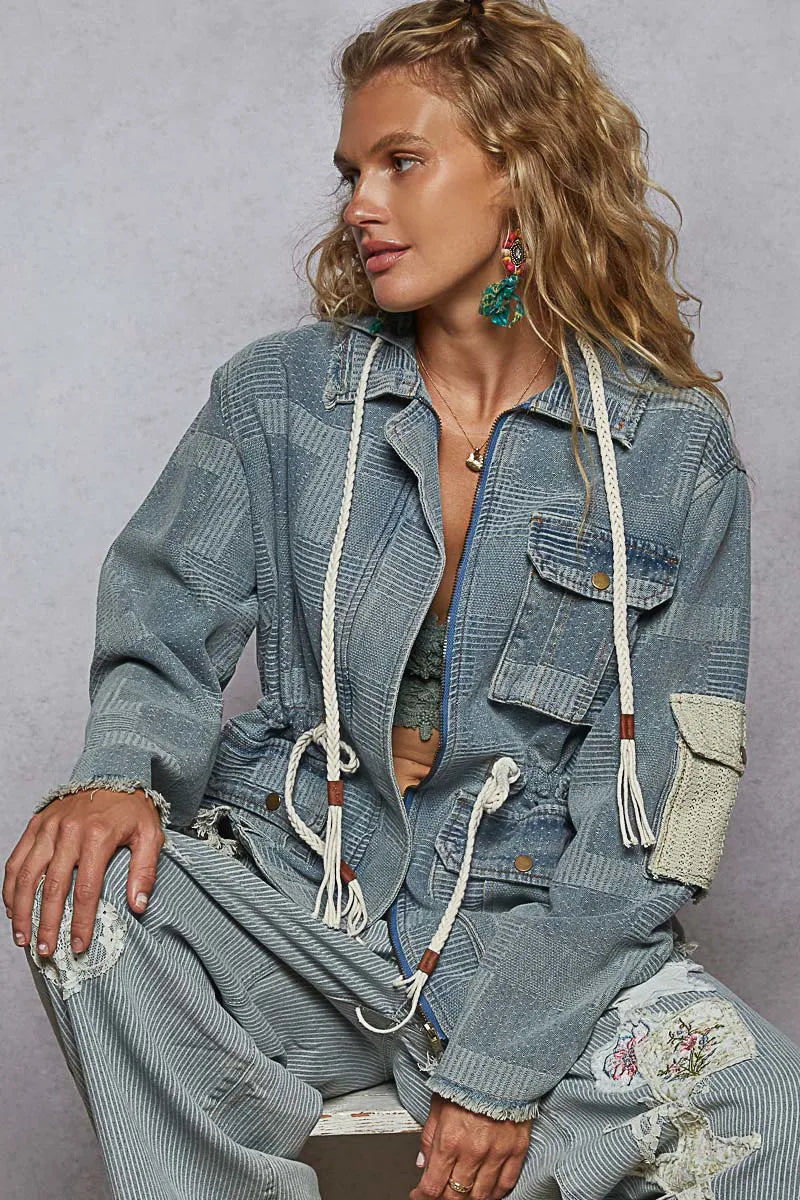 POL Raw Hem Drawstring Zip Up Hooded Denim Jacket