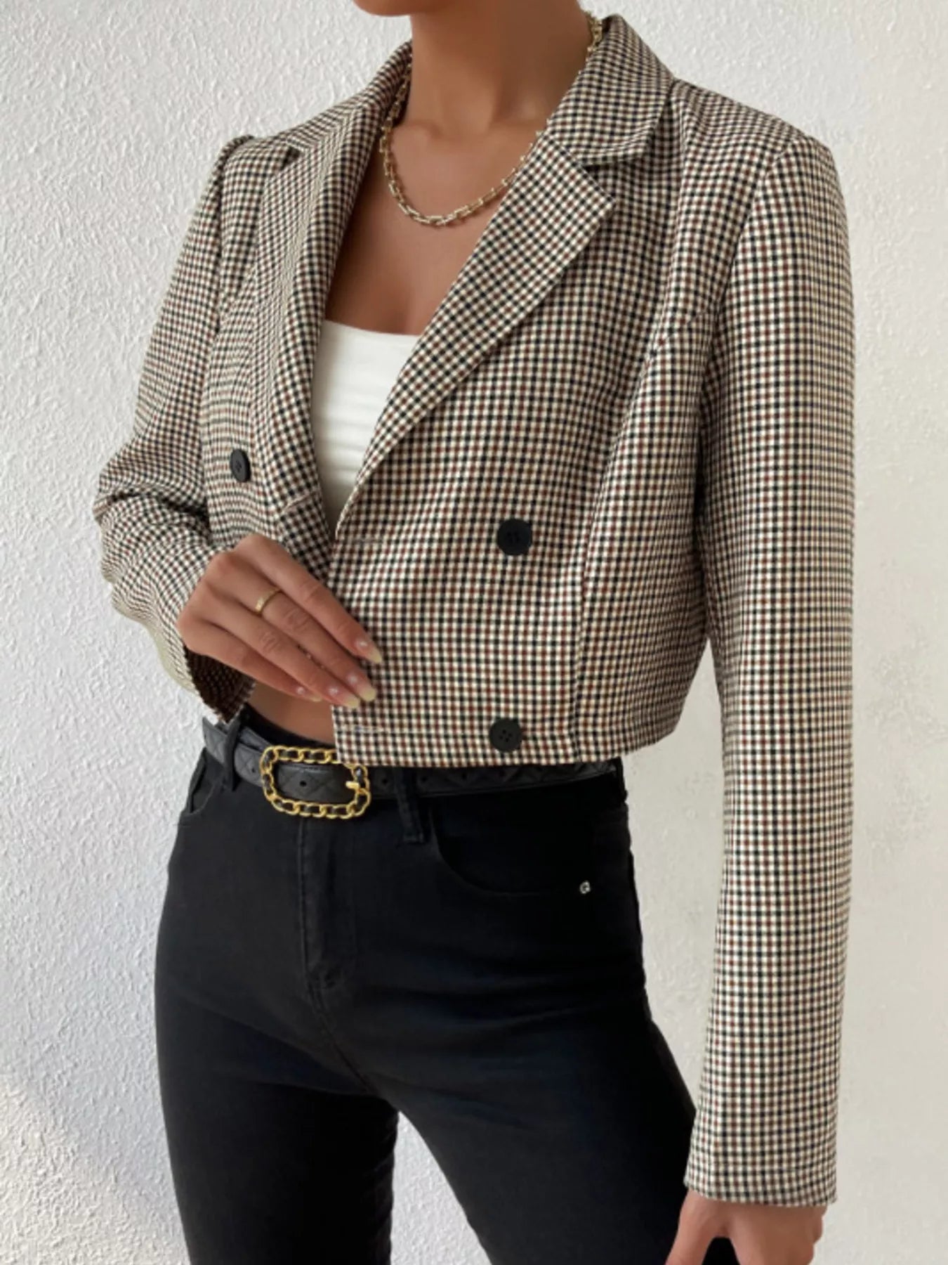 Plaid Lapel Collar Cropped Blazer