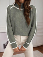 Turtleneck Contrast Trim Sweater with Ribbed Details