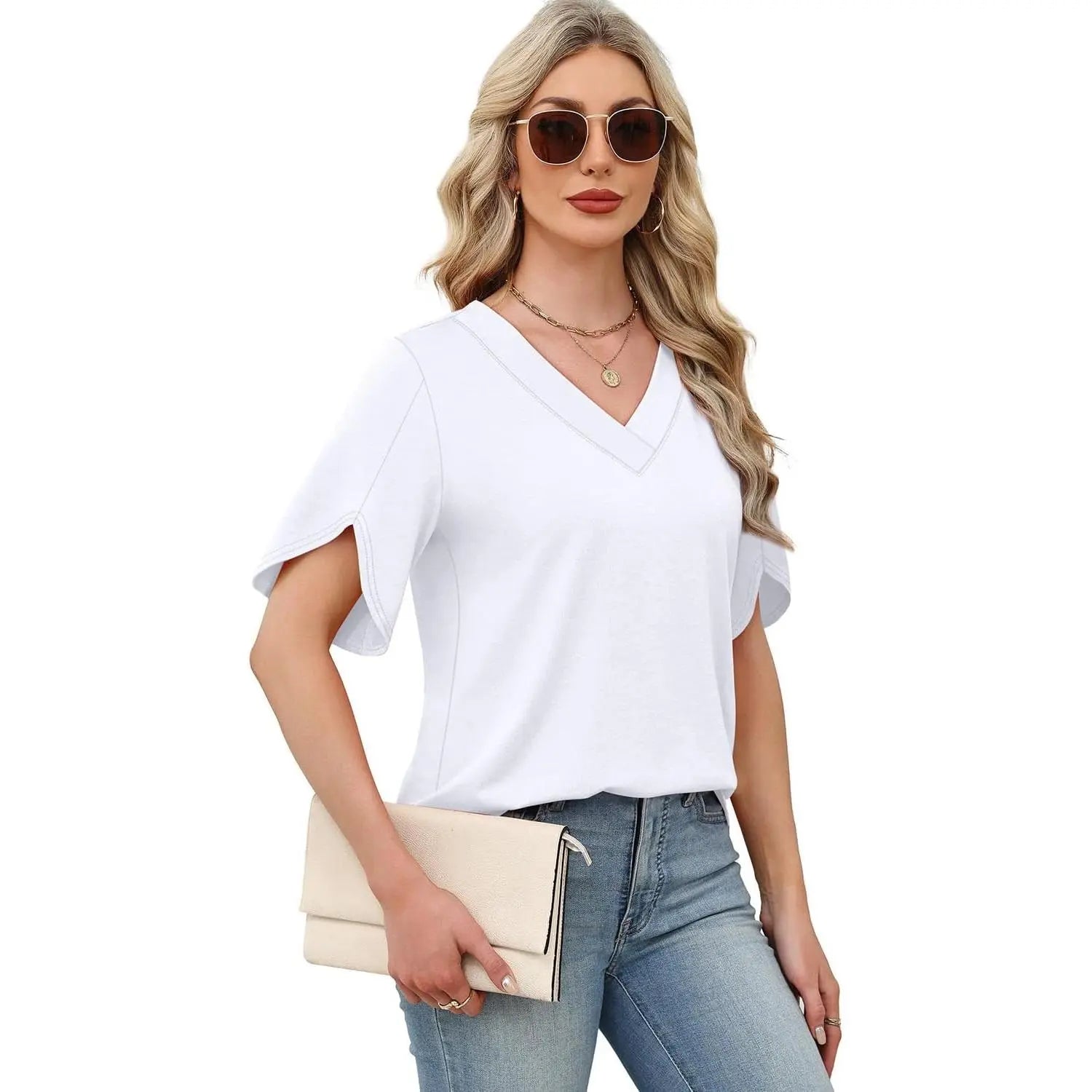 Womens Summer V-Neck Petal Sleeve Blouse Casual