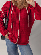 Contrast Trim Textured Knit Drawstring Hooded Sweater