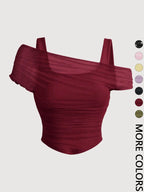 Women's Asymmetric Ruched Mesh Crop Top
