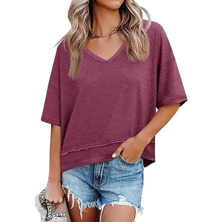 Oversize V-Neck Short Sleeve Casual Flowy Top