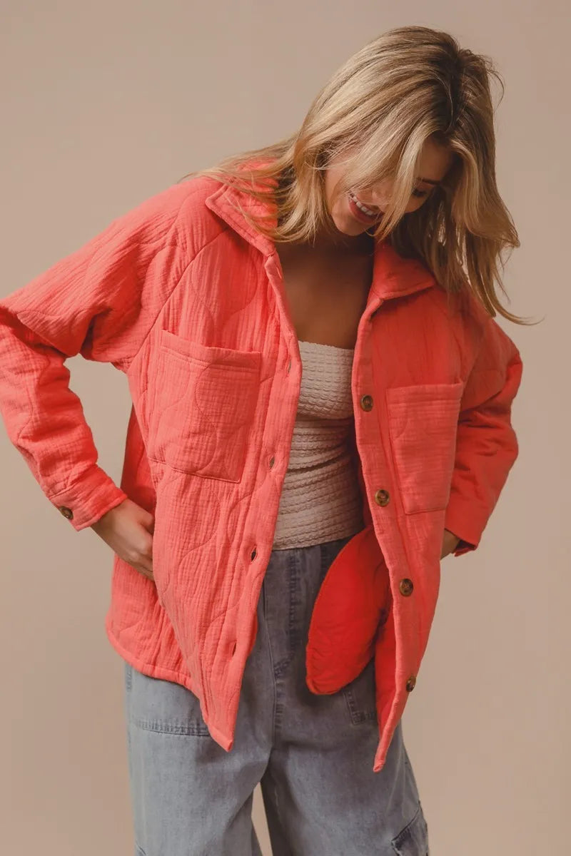 BiBi Quilted Wrinkle Gauze Long Sleeve Shacket
