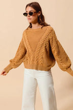 SO ME Mineral Washed Loose Fit Textured Cable Sweater