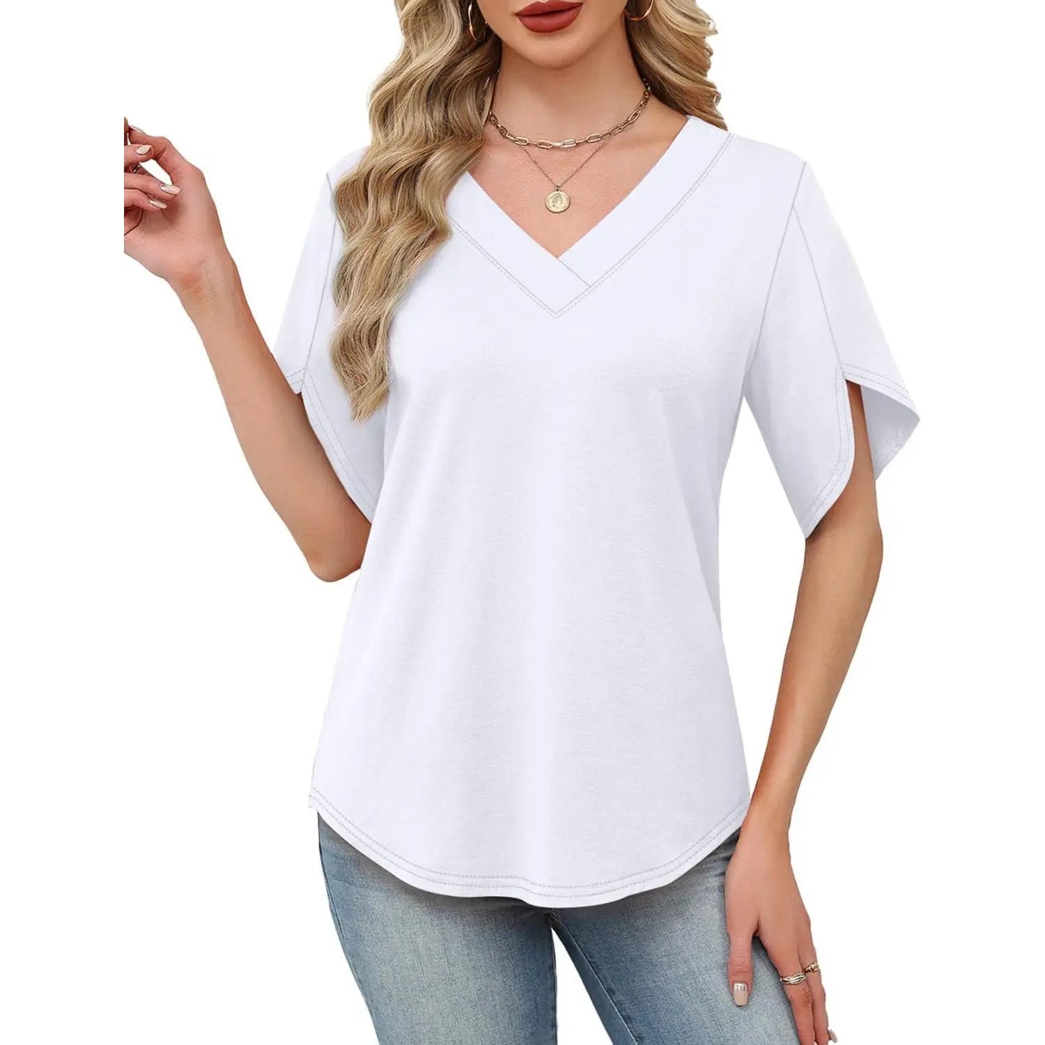 Womens Summer V-Neck Petal Sleeve Blouse Casual