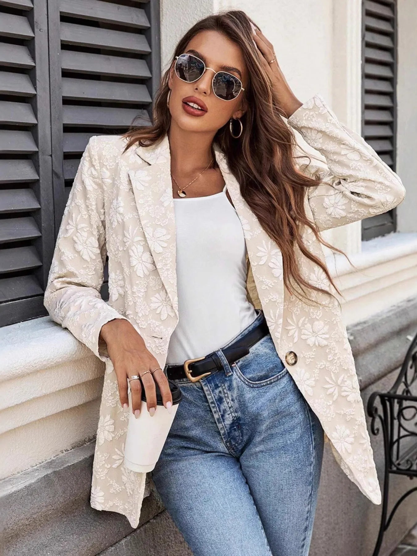 Floral Jacquard One Button Long Sleeve Blazer
