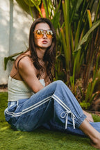 BiBi Striped Tape Details With Bot Tied Point Elastic Waist Jeans
