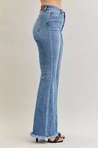 Judy Blue High Waist Flare Fray Hem Jeans with Front Pintuck Detail
