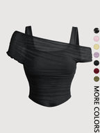 Women's Asymmetric Ruched Mesh Crop Top