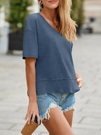 Oversize V-Neck Short Sleeve Casual Flowy Top