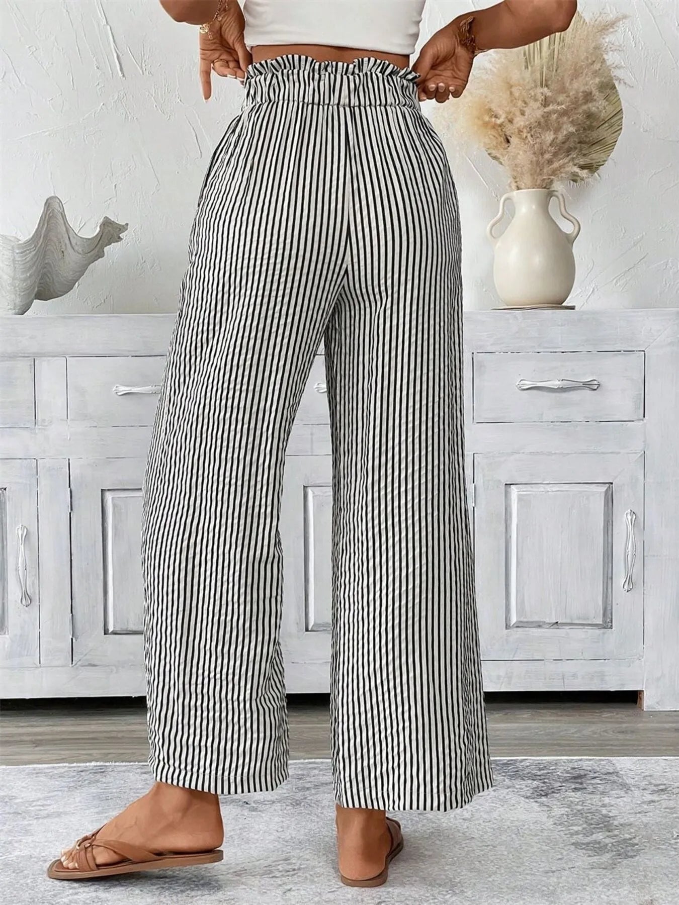 Full Size Striped Wide Leg Paper Bag Pants Plus Size
