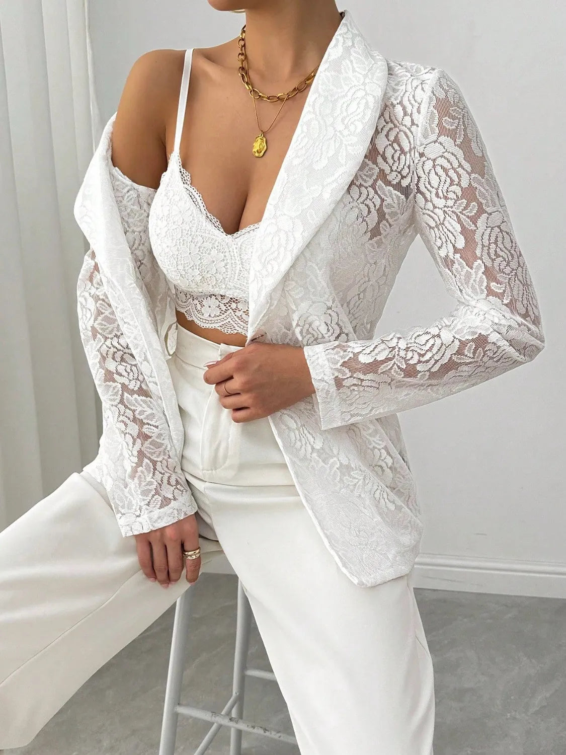 Lace Lapel Collar Long Sleeve Blazer