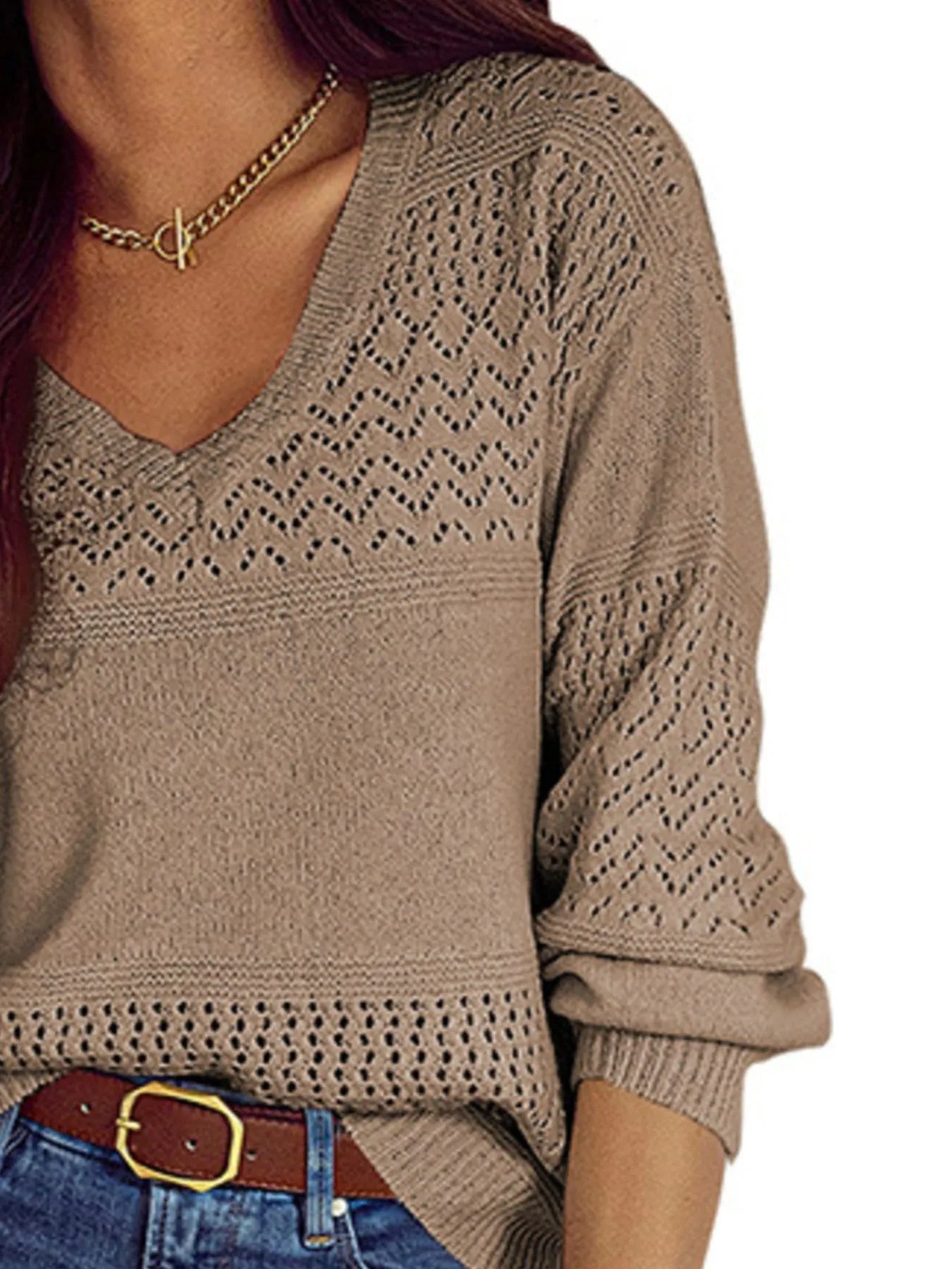 Eyelet Deatil V-Neck Long Sleeve Sweater