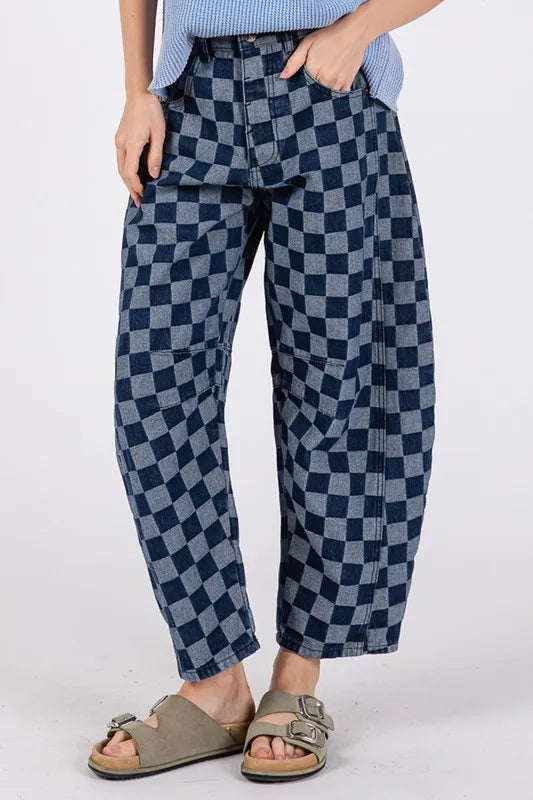 SAGE+FIG Barrel Style Leg Checkered Print Jeans