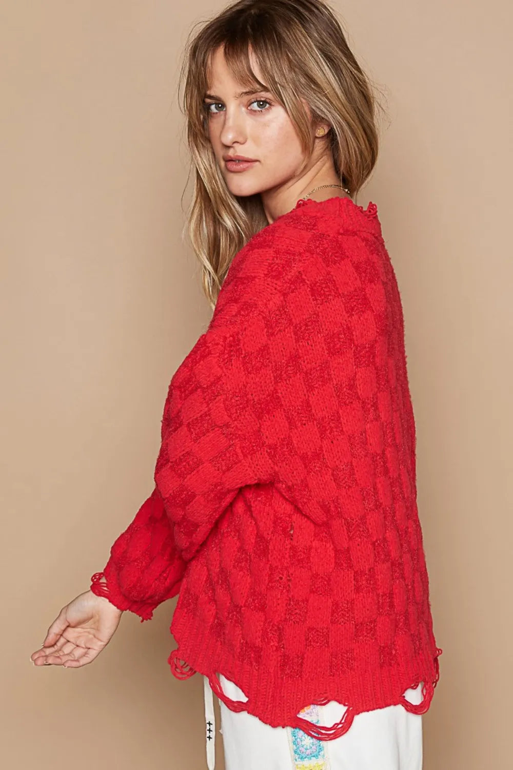POL Checkered Distressed Edge Sweater Oversized