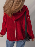 Contrast Trim Textured Knit Drawstring Hooded Sweater