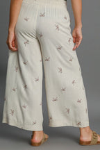 Umgee Full Size Lace Drawstring Embroidered Bow Wide Leg Pants Plus Size