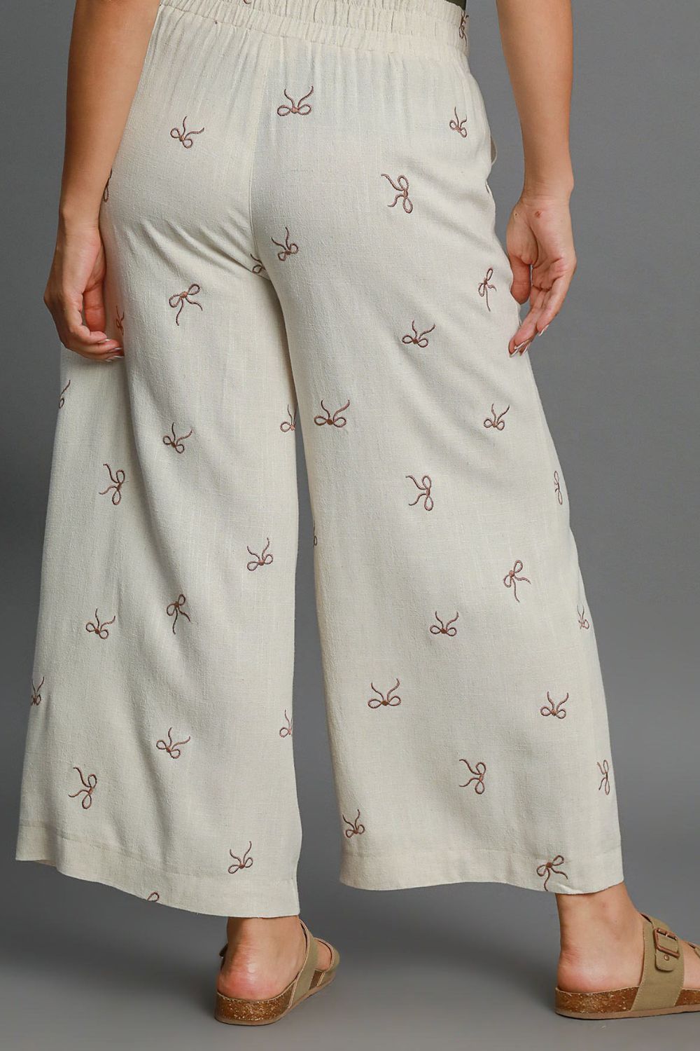 Umgee Full Size Lace Drawstring Embroidered Bow Wide Leg Pants Plus Size