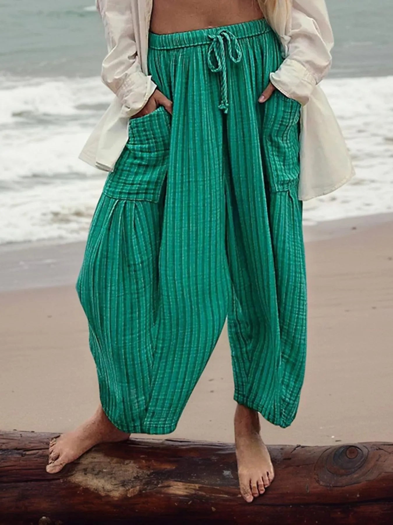 Full Size Striped Wide Leg Casual Pants Plus Size