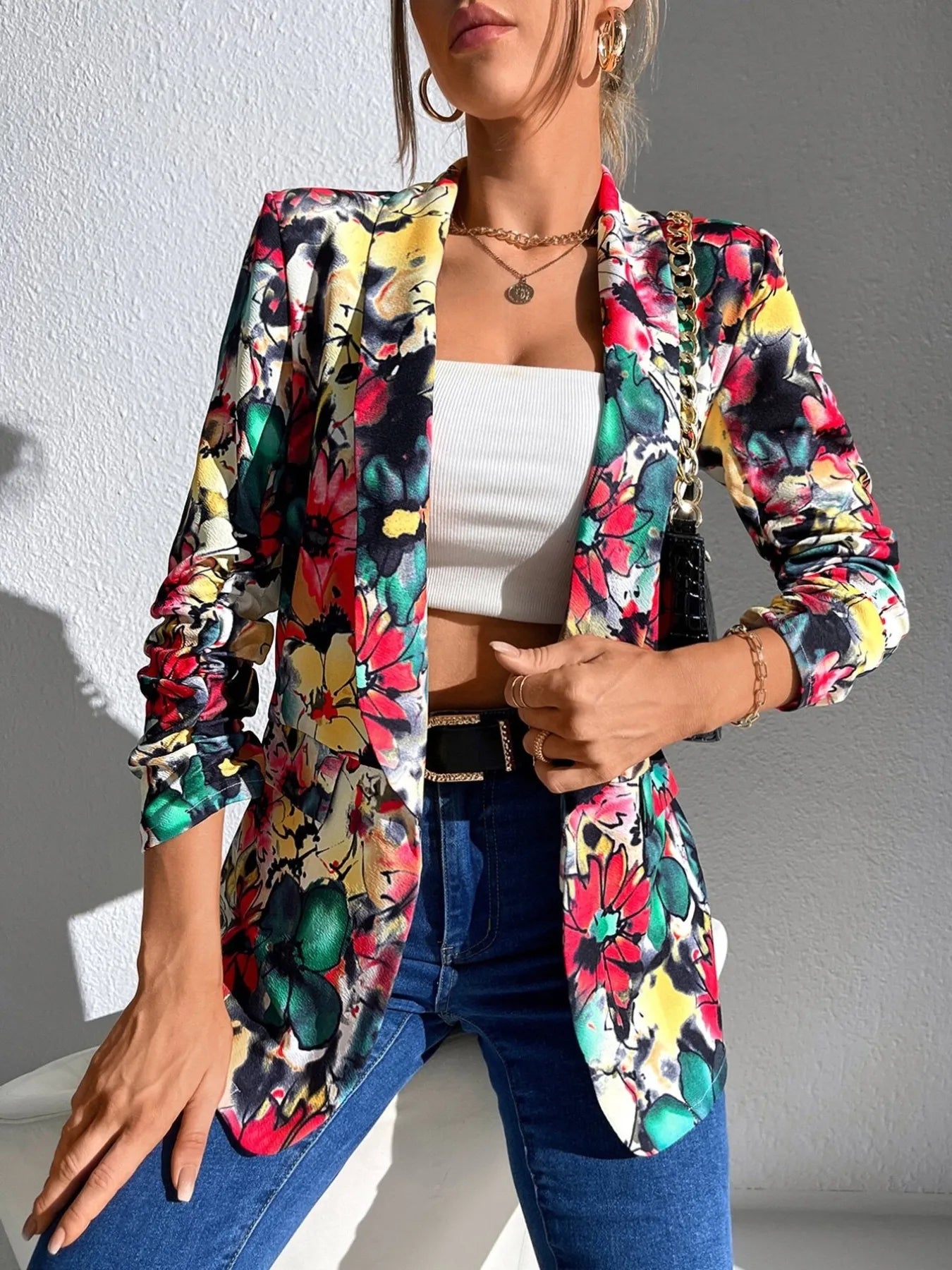 Vibrant Floral Print Open Front Blazer